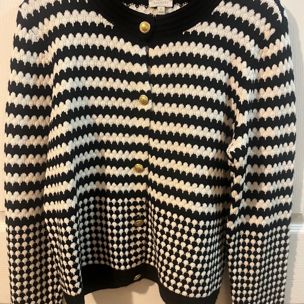 Talbots Black White Striped Cardigan Sweater Gold Buttons Women’s M - NEW